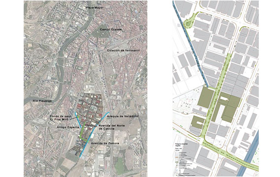 Izquierda: Localización del polígono de Argales al Sur de la ciudad. / Drecha: Corredor verde-azul y fondo de saco de la calle Pilar Miró